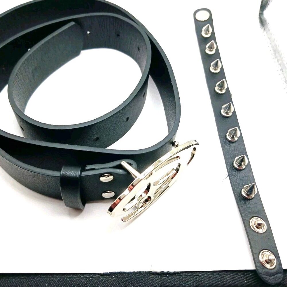 YK2 Black Vegan Leather Belt+ Spiked Black Faux Leather Bracelet- Unisex New